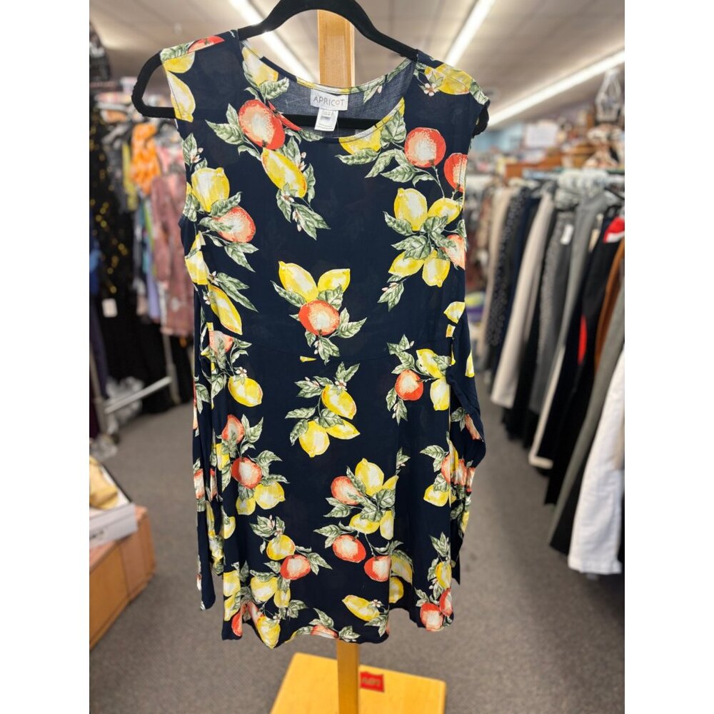 🛍️Apricot Ladies Blue Sleeveless Dress With Orange & Yellow Fruit Print Size M